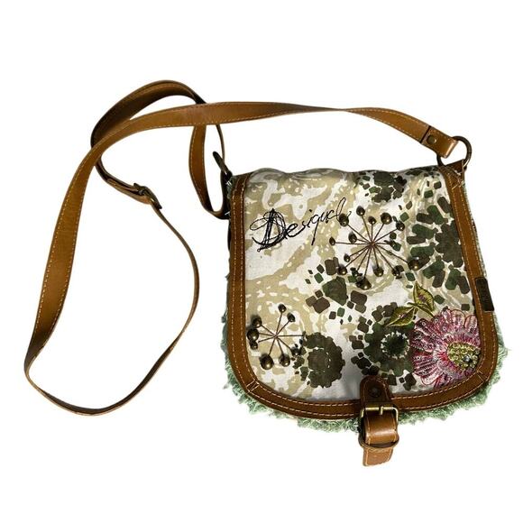 Desigual Handbags - Desigual Canvas Crossbody‎ Bag Floral Embellished Brown Leather Strap Trim Spain